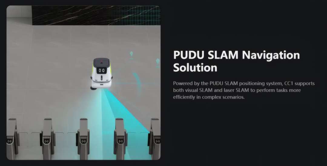 Visualización del sistema de navegación PUDU SLAM del CC1 mostrando al robot proyectando el cono de doble sensor para localización simultánea y mapeado sobre suelo comercial