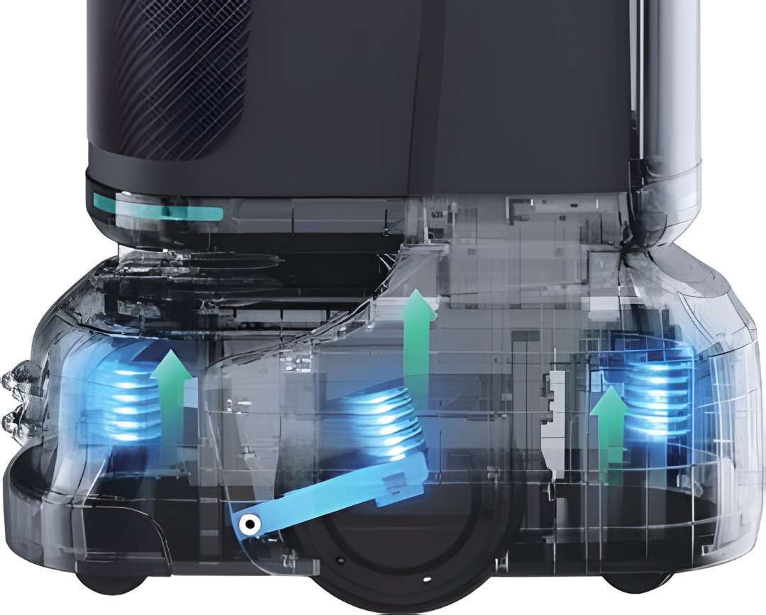 Render de rayos X transparente del chasis base del PUDU FlashBot mostrando los conjuntos de muelles de suspensión independiente en cada rueda y el brazo de transmisión central articulado