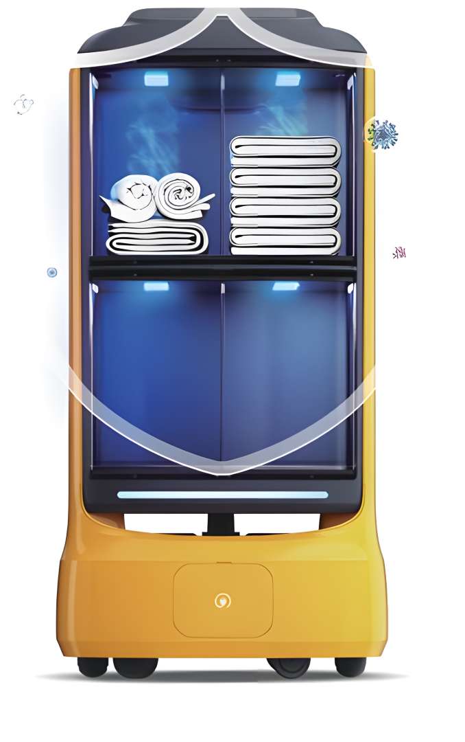 Compartimentos abiertos del PUDU FlashBot iluminados con luz azul UV de esterilización, con toallas y ropa de cama de hotel doblada almacenada en ambos niveles de bandeja