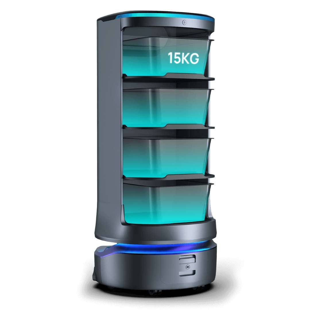 PUDU HolaBot vista frontal con cuatro bandejas transparentes en tono turquesa iluminadas y etiqueta de capacidad 15KG en la bandeja superior, anillo LED azul en la base