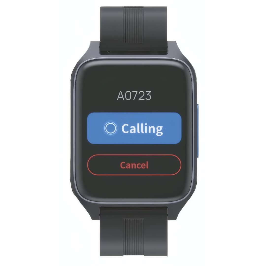 Interfaz del smartwatch buscapersonas del PUDU HolaBot mostrando el identificador de mesa A0723 con botón azul de confirmación Calling y botón rojo de cancelación