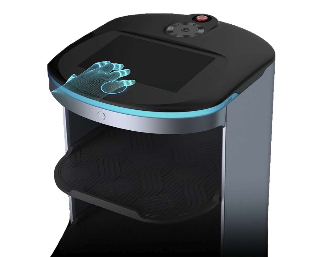Control de gestos sin contacto Air Motion del PUDU HolaBot: vista superior de la pantalla LCD con mano holográfica turquesa superpuesta que muestra la zona de detección infrarroja por encima del panel