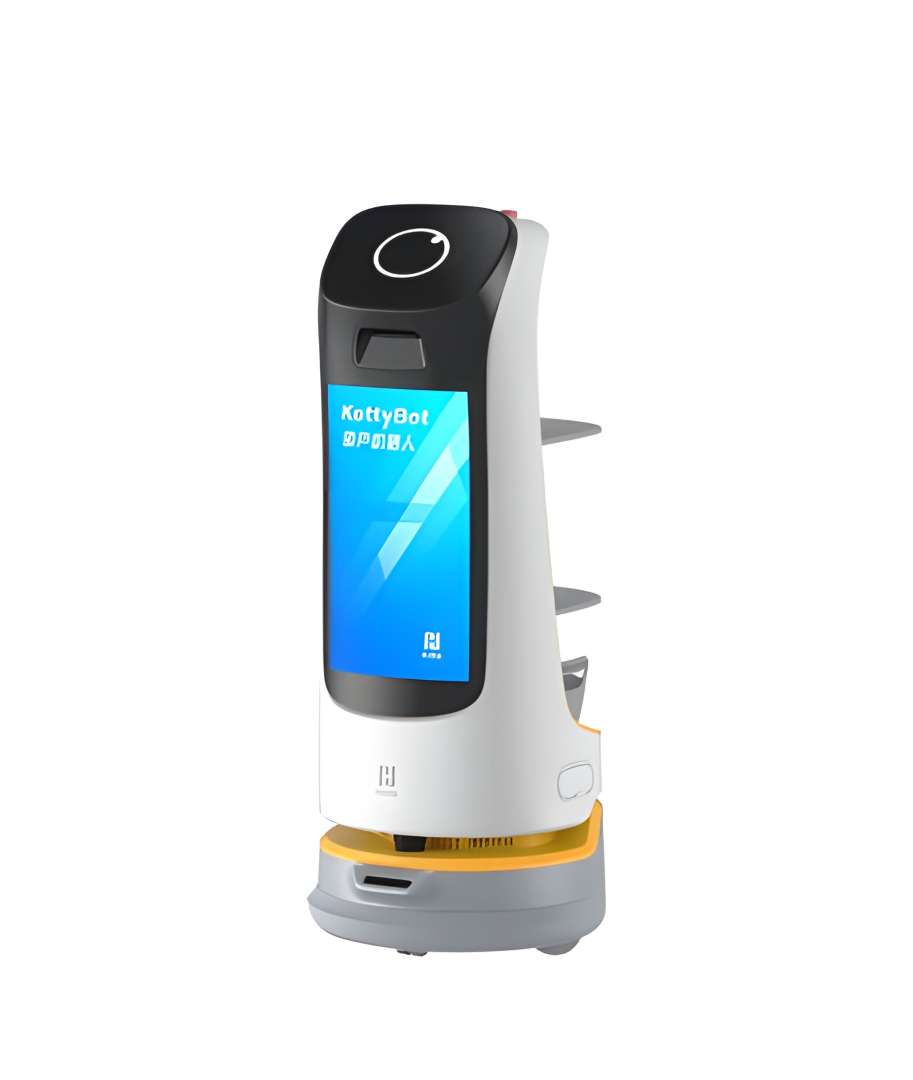 Robot de reparto PUDU KettyBot en blanco con pantalla publicitaria azul de 18,5 pulgadas y bandejas traseras, vista en tres cuartos