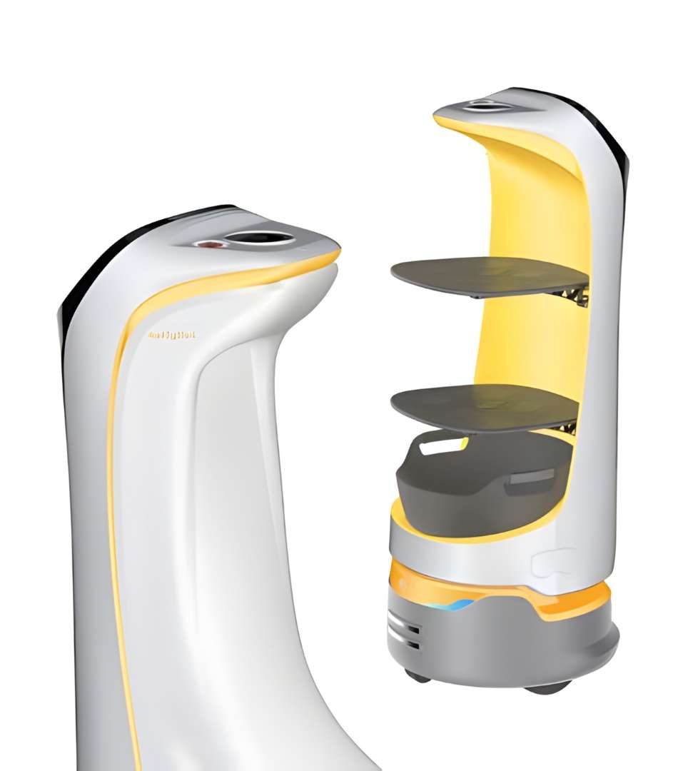 Vista trasera del PUDU KettyBot con dos bandejas de reparto abiertas y compartimento de recogida de vajilla con iluminación ámbar interior