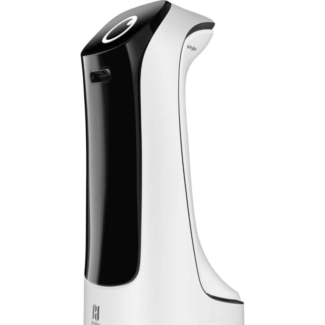 Vista de perfil del PUDU KettyBot modelo blanco con diseño de carcasa ABS limpio, logo PUDU e indicador LED circular
