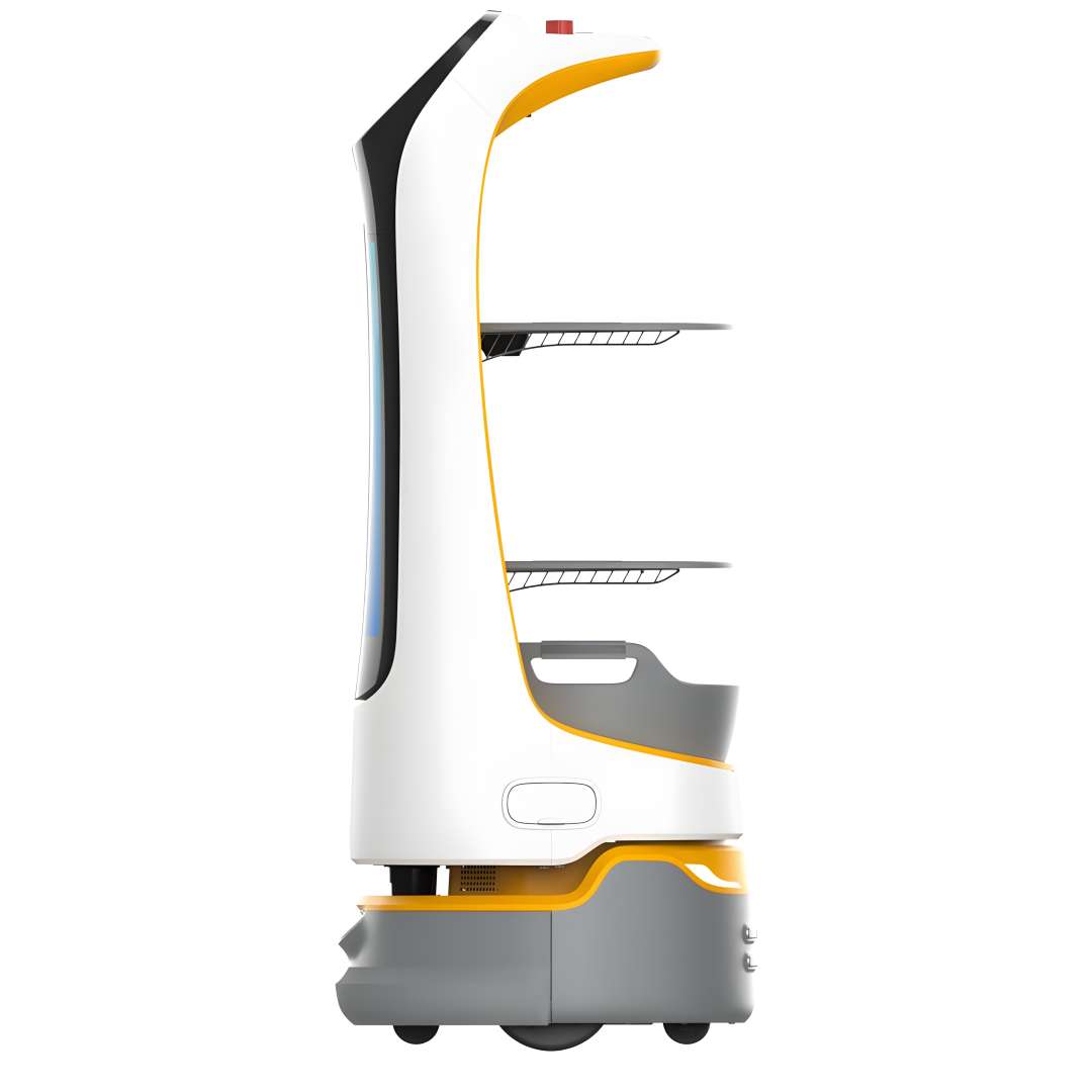 Perfil lateral completo del PUDU KettyBot mostrando altura de 1120 mm con pantalla publicitaria, dos bandejas, caja de recogida y ruedas motrices