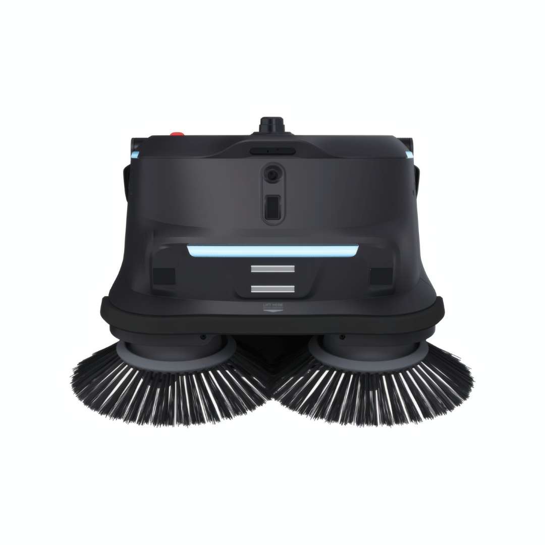 Robot de limpieza autónomo PUDU MT1 Vac vista frontal mostrando los dos cepillos laterales de barrido y la tira LED azul de estado