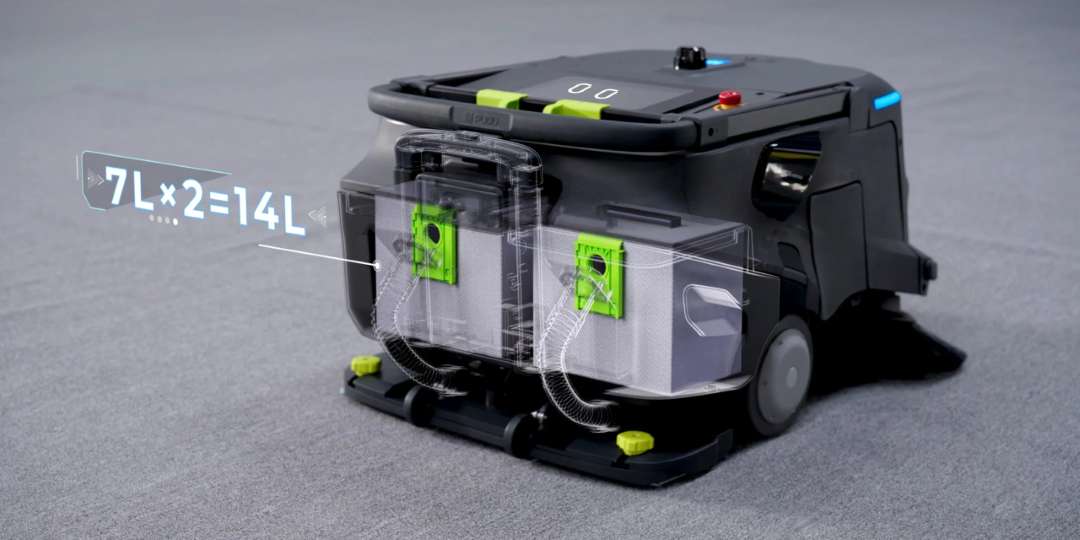 Render de corte transparente del interior del PUDU MT1 Vac mostrando dos bolsas de 7 L una al lado de otra con la etiqueta de capacidad 7L×2=14L