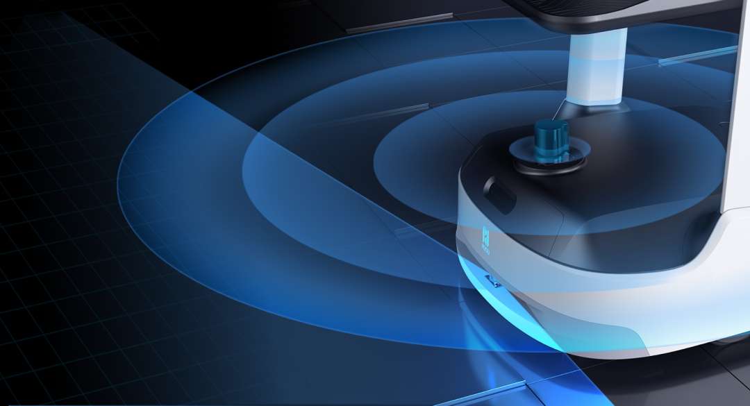 Primer plano de la base del robot PUDU PuduBot 2 con el radio de escaneado del sensor LiDAR de 360 grados representado como arcos azules concéntricos sobre una superficie de cuadrícula oscura