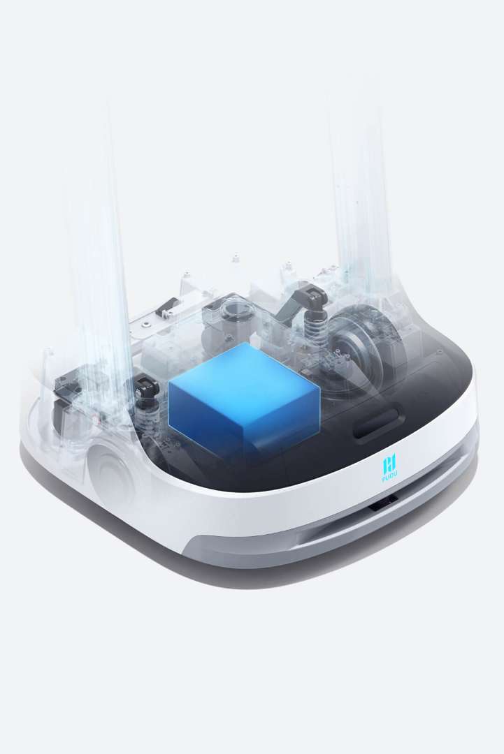 Render 3D transparente de la base del chasis del PUDU PuduBot 2 que muestra el bloque de batería LFP resaltado en azul en el centro, brazos de suspensión de las ruedas y disposición del hardware interno