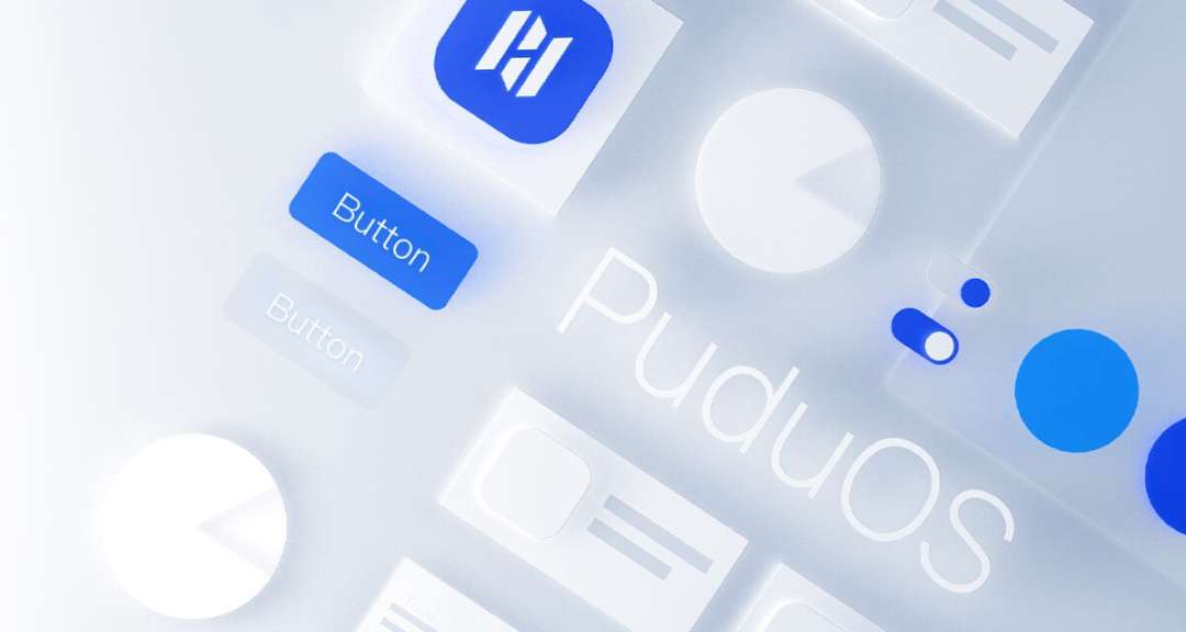Descripción general del sistema de diseño de la interfaz de PuduOS con el icono de la aplicación Pudu, elementos de interfaz incluyendo botones interactivos y controles deslizantes sobre un lenguaje de diseño azul y blanco limpio