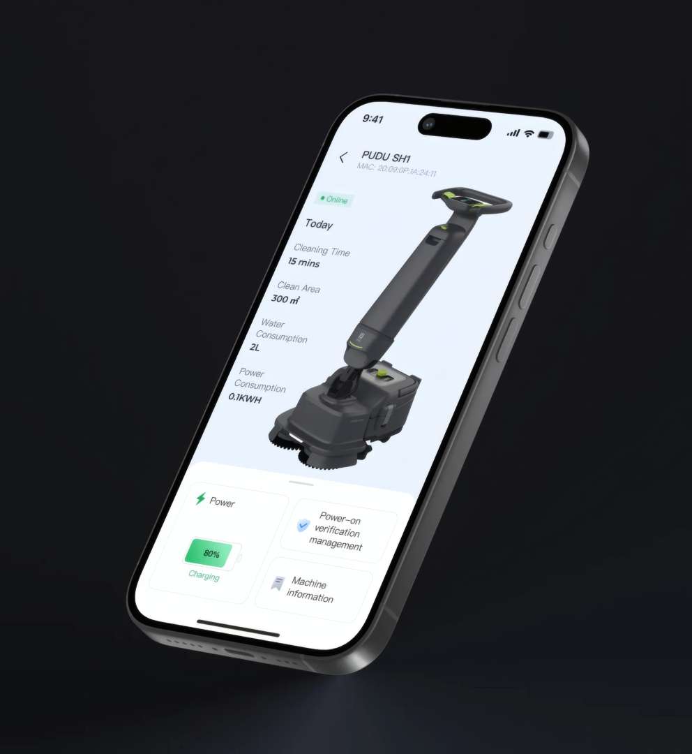Smartphone mostrando la aplicación PUDU Link con el PUDU SH1 conectado online: 15 minutos de limpieza, 300 m² de área cubierta, 2 L de agua y 0,1 kWh de consumo eléctrico