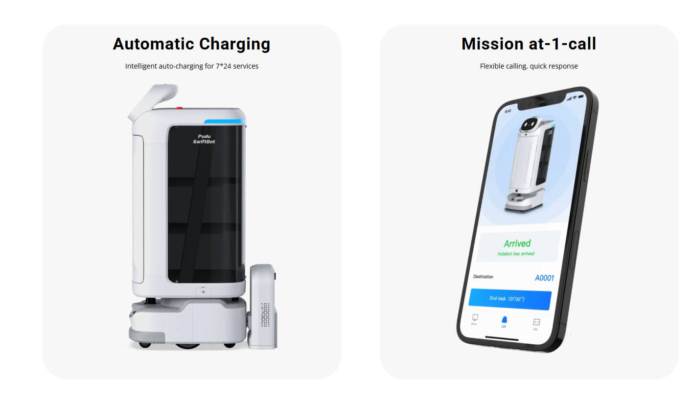 Estación de carga automática del PUDU SwiftBot con el robot acoplado, y la aplicación móvil Misión-a-1-llamada mostrando una notificación de llegada en la pantalla del teléfono