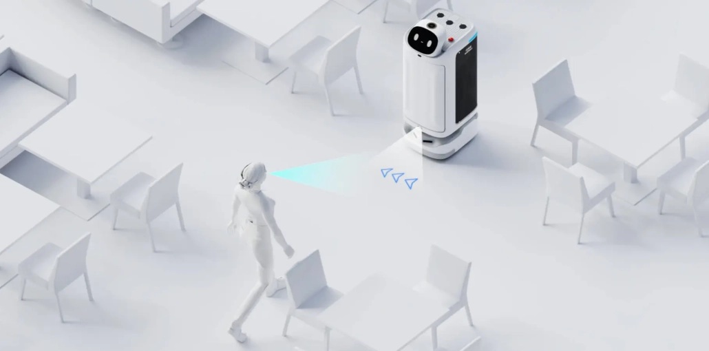 Render 3D del PUDU SwiftBot utilizando el proyector láser galvo para mostrar flechas direccionales en el suelo mientras cede automáticamente el paso a un peatón en un restaurante