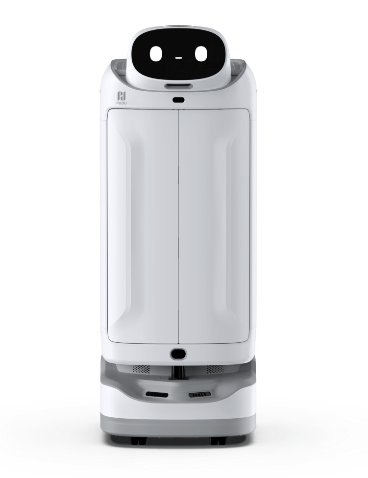 Vista frontal del PUDU SwiftBot SWFD11 con compartimento de doble puerta cerrado, pantalla LCD de 10,1 pulgadas, marca PUDU, botón de parada de emergencia y base de ruedas motrices