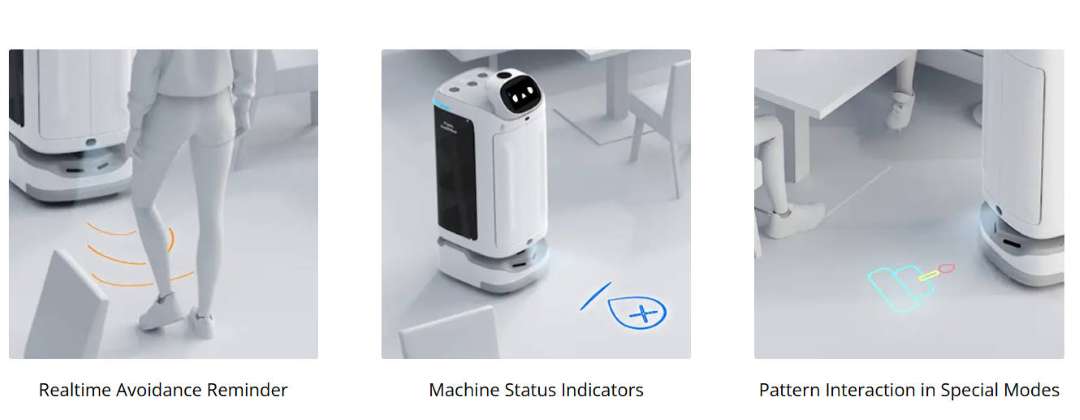 Imagen de tres paneles del PUDU SwiftBot: arco de aviso de esquiva en tiempo real en el suelo, indicador de estado de la máquina proyectado junto al robot, e interacción de patrón decorativo en modo especial