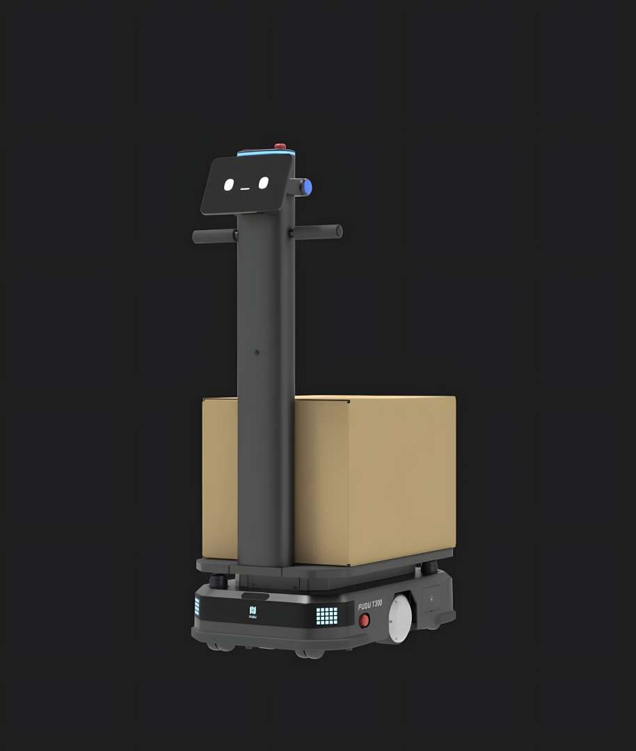 Robot móvil autónomo PUDU T300 Elevator transportando una caja de cartón grande sobre fondo oscuro