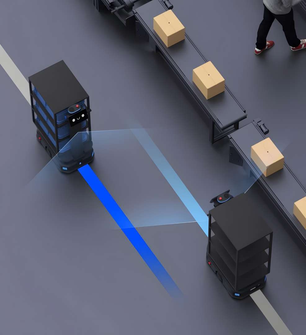 Render 3D de dos robots PUDU T300 con haces de barrido LiDAR navegando junto a cintas transportadoras activas en una instalación industrial
