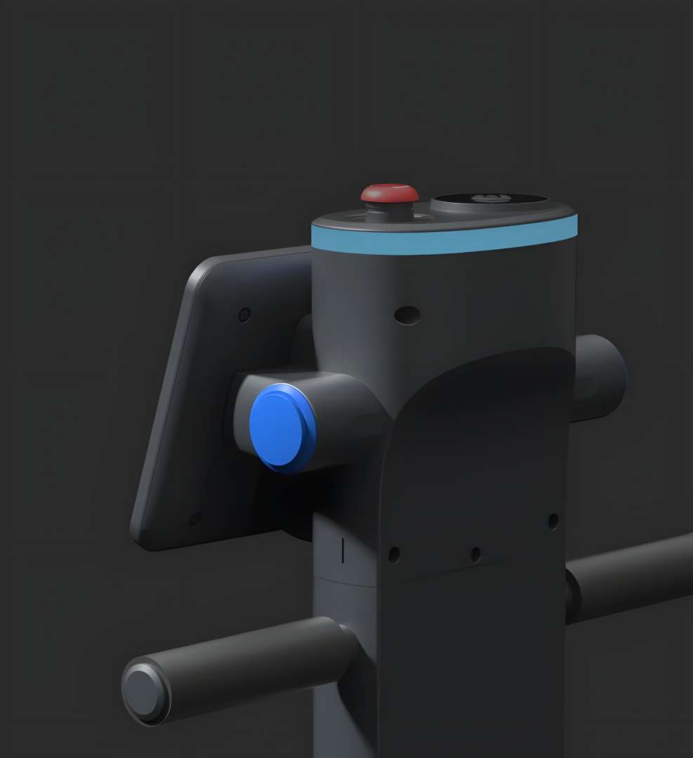 Primer plano del conjunto de control superior del PUDU T300 con sensor LiDAR, pantalla táctil de 10,1 pulgadas, botón de envío manual e interruptor de parada de emergencia