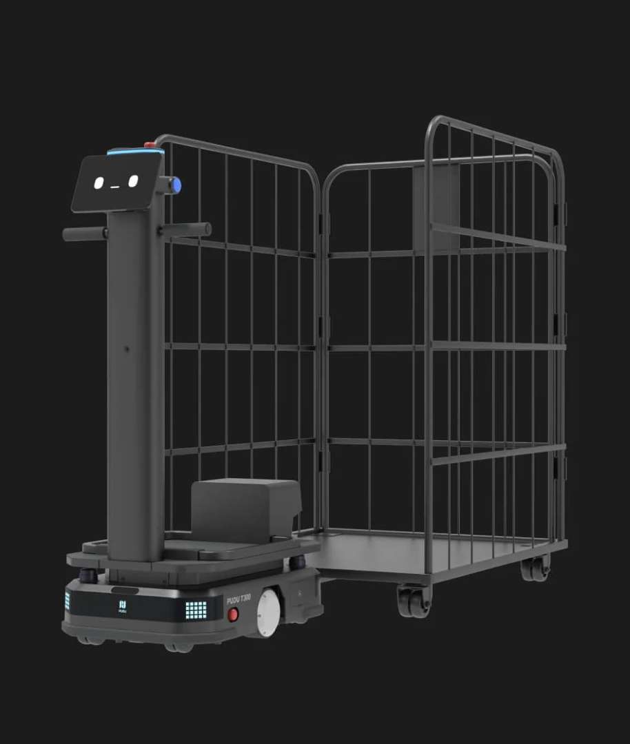 PUDU T300 en modo remolque acoplado a una jaula de malla metálica de gran tamaño para transporte industrial flexible