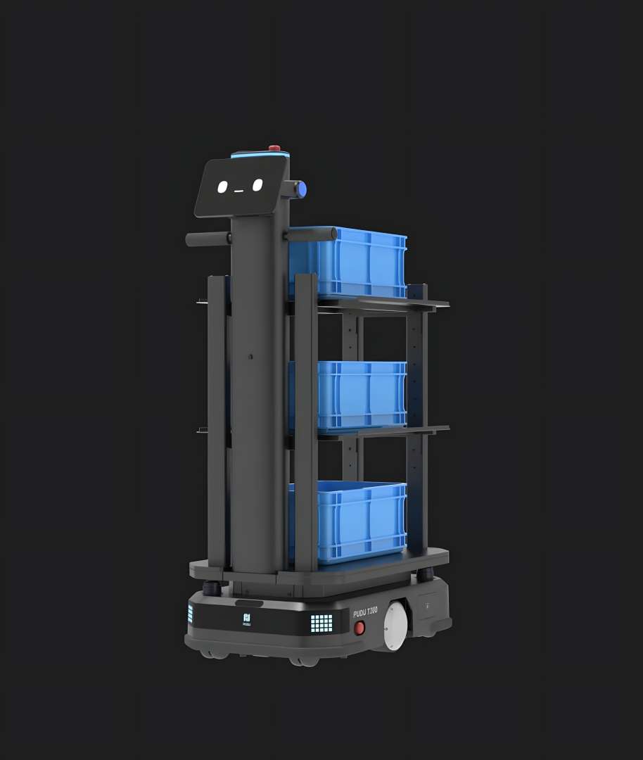 PUDU T300 en modo estantería transportando tres niveles de bandejas industriales azules para entrega multidestino