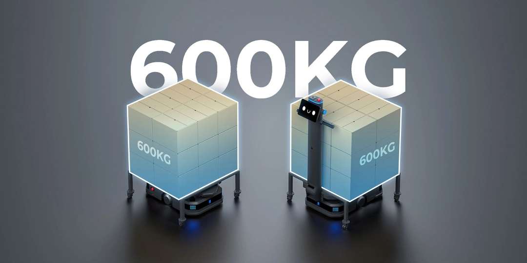 Configuraciones PUDU T600 Estándar y Underride ilustradas una al lado de la otra, demostrando la capacidad de carga máxima de 600 kg con mercancía apilada