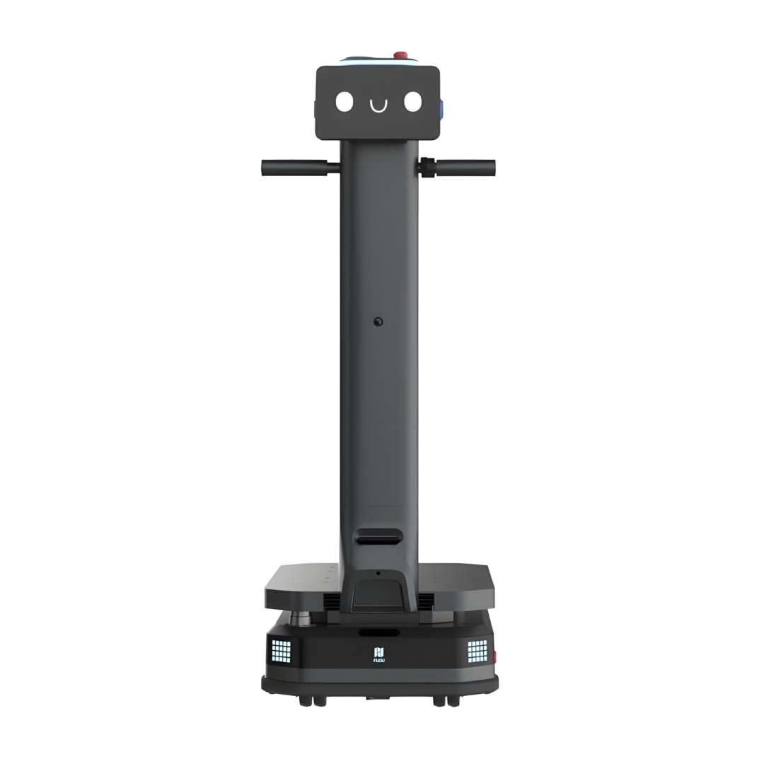 Vista frontal del robot AMR PUDU T600 versión Estándar sobre fondo blanco, mostrando la pantalla táctil de 10,1 pulgadas, el mango ergonómico y la torre de navegación LiDAR