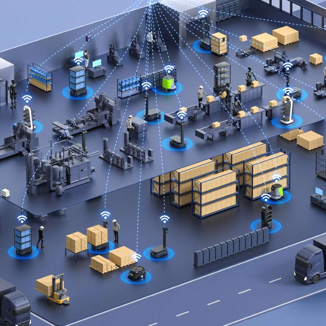 Vista general de una gran instalación industrial con múltiples robots AMR PUDU, incluidas unidades T600, conectados mediante nodos de red WiFi para la gestión unificada de flotas a gran escala
