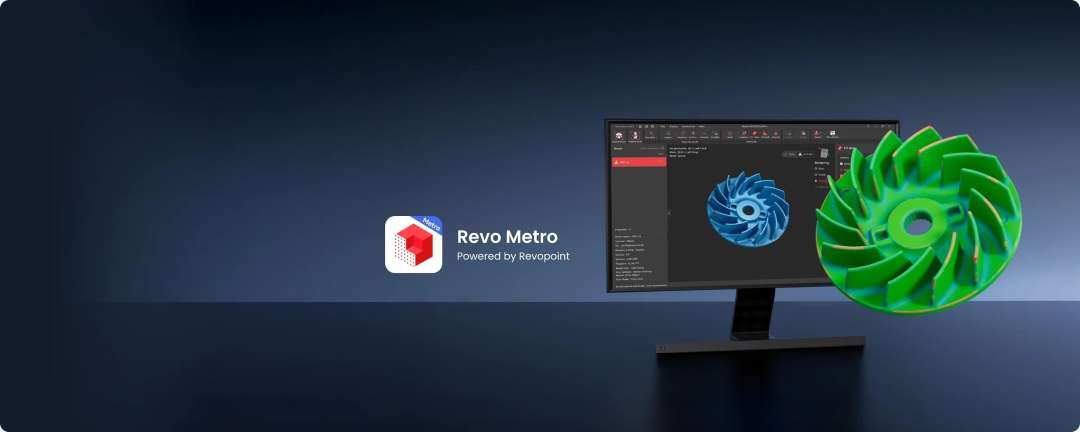Interfaz del software Revo Metro durante el escaneo del impulsor de una turbina, junto a un modelo 3D renderizado en color verde