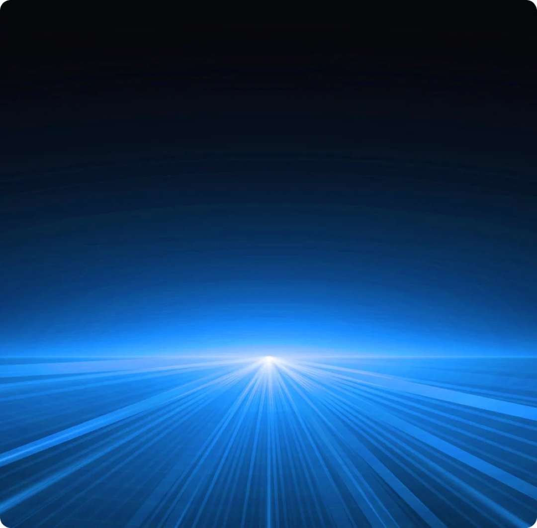 Líneas láser azules abstractas que divergen desde un horizonte brillante, símbolo de la tecnología de escaneo óptico