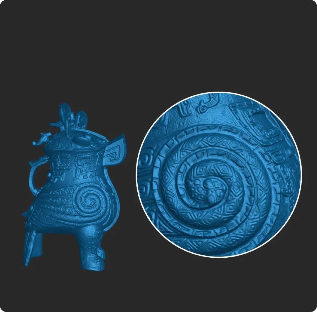 Malla 3D detallada de una vasija antigua con acercamiento al relieve fino de la superficie