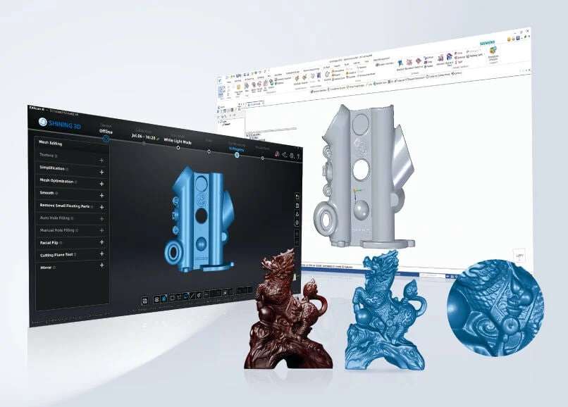 3D scanning and modeling software interface with physical and digital 3D models