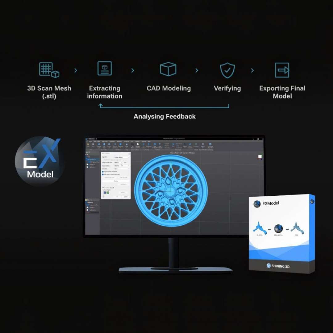 Etapas de trabajo en EXModel: malla del escaneado 3D de una rueda, modelo CAD, verificación y exportación