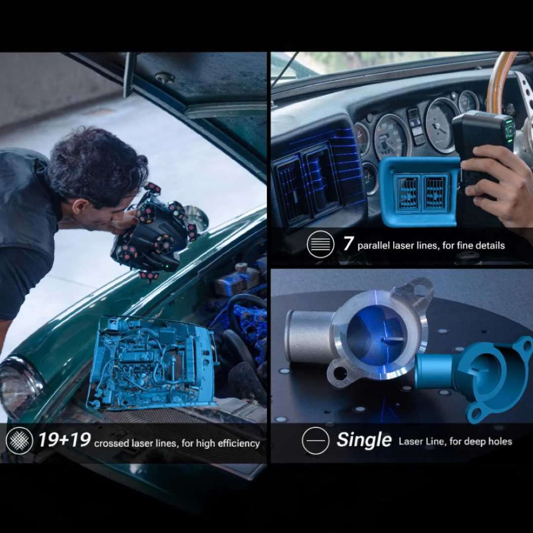 Esquema de los tres modos láser aplicados a un coche: compartimento del motor, salpicadero y orificio profundo