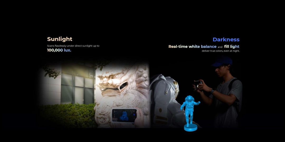 EinStar Vega escaneando en exteriores con luz solar de 100.000 lux y en interiores en oscuridad con luz de relleno LED