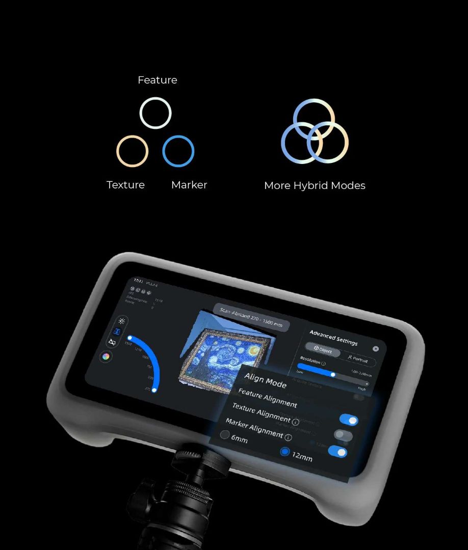 Interfaz de selección del modo de alineación del EinStar Vega, mostrando opciones de alineación por geometría, textura, marcadores e híbrida