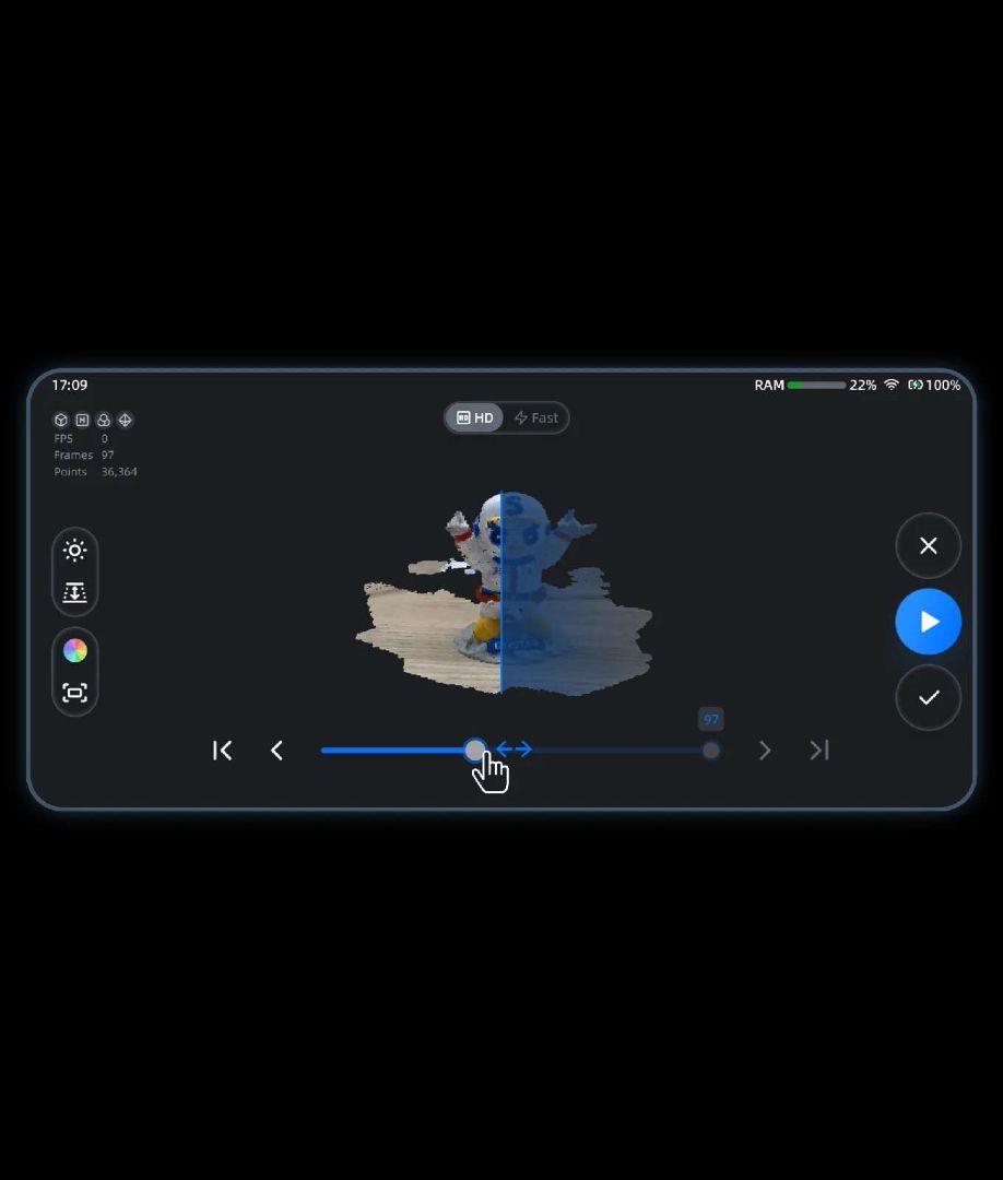 Interfaz de retroceso de escaneo del EinStar Vega con barra de fotogramas que muestra la capacidad de corrección de la nube de puntos