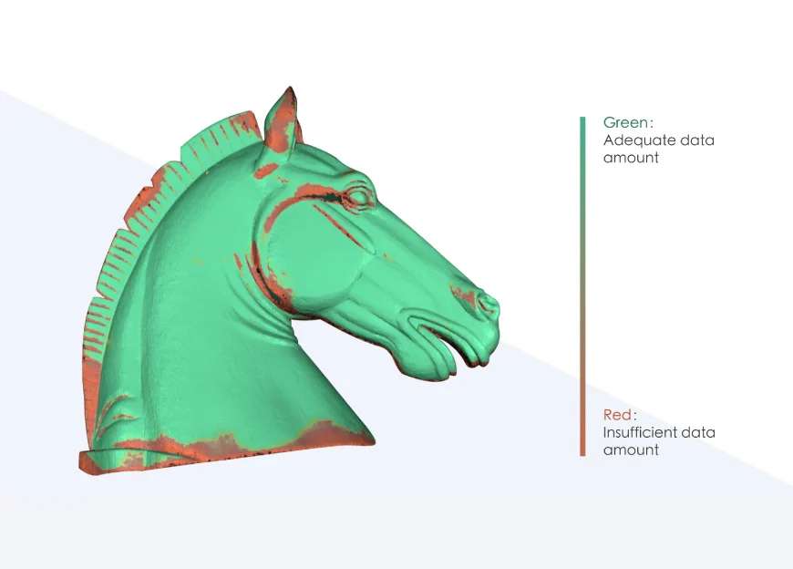 Interfaz del software EXStar con indicador de calidad en tiempo real para edición de malla y exportación OBJ, STL, PLY