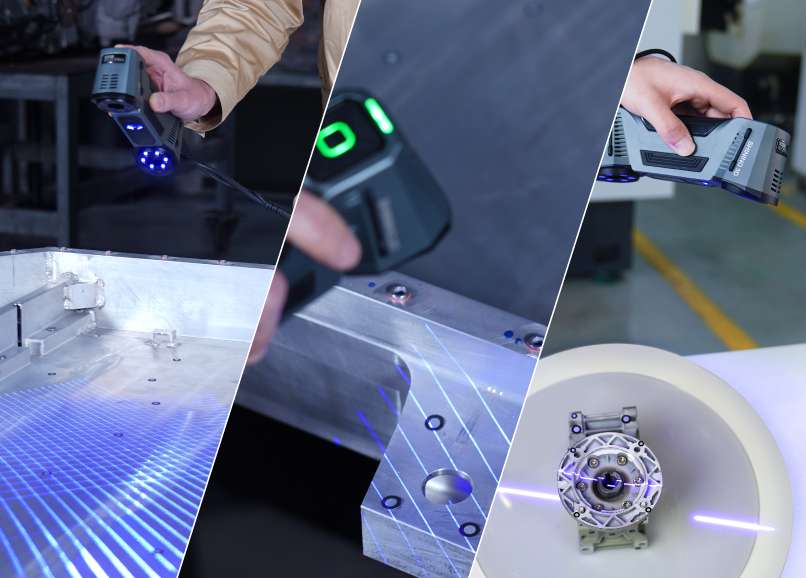 Los cuatro modos de escaneo del Shining3D FreeScan Combo combinando láser azul y luz infrarroja para capturar cualquier geometría.