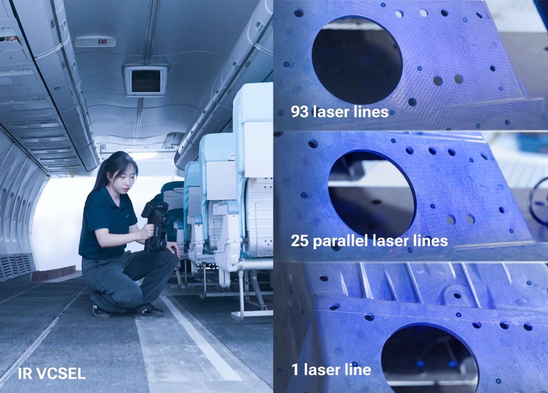 FreeScan Omni en modo multimodal: modo IR VCSEL en interior de aeronave y tres modos láser (93, 25 y 1 línea) demostrados sobre piezas metálicas mecanizadas