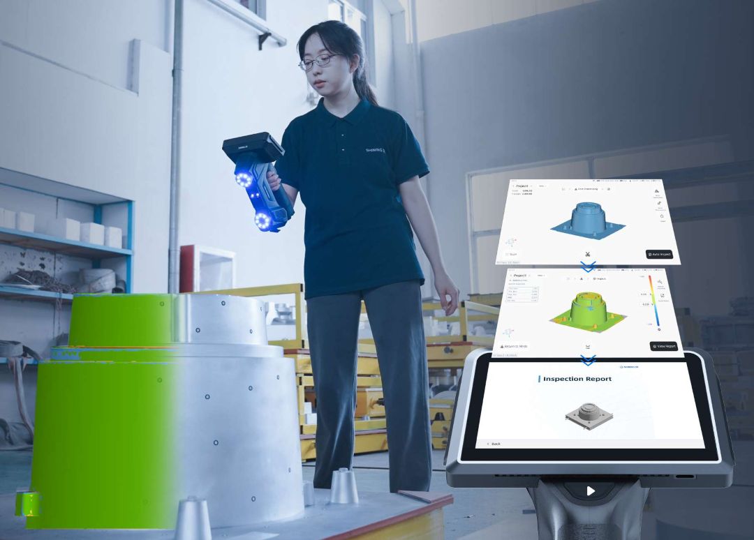 Operario utilizando el FreeScan Omni para control de calidad scan-to-inspect en planta de producción sin ordenador externo