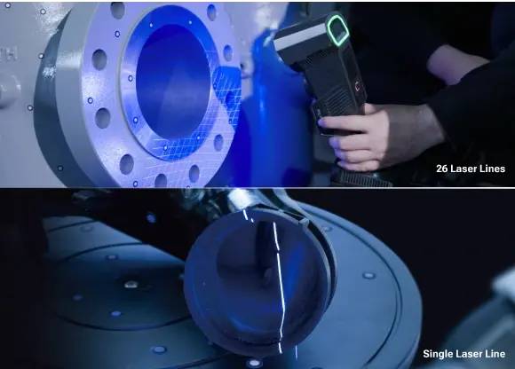 Modo de escaneo de agujero profundo del FreeScan Trio usando 26 líneas láser y línea láser simple en un orificio industrial