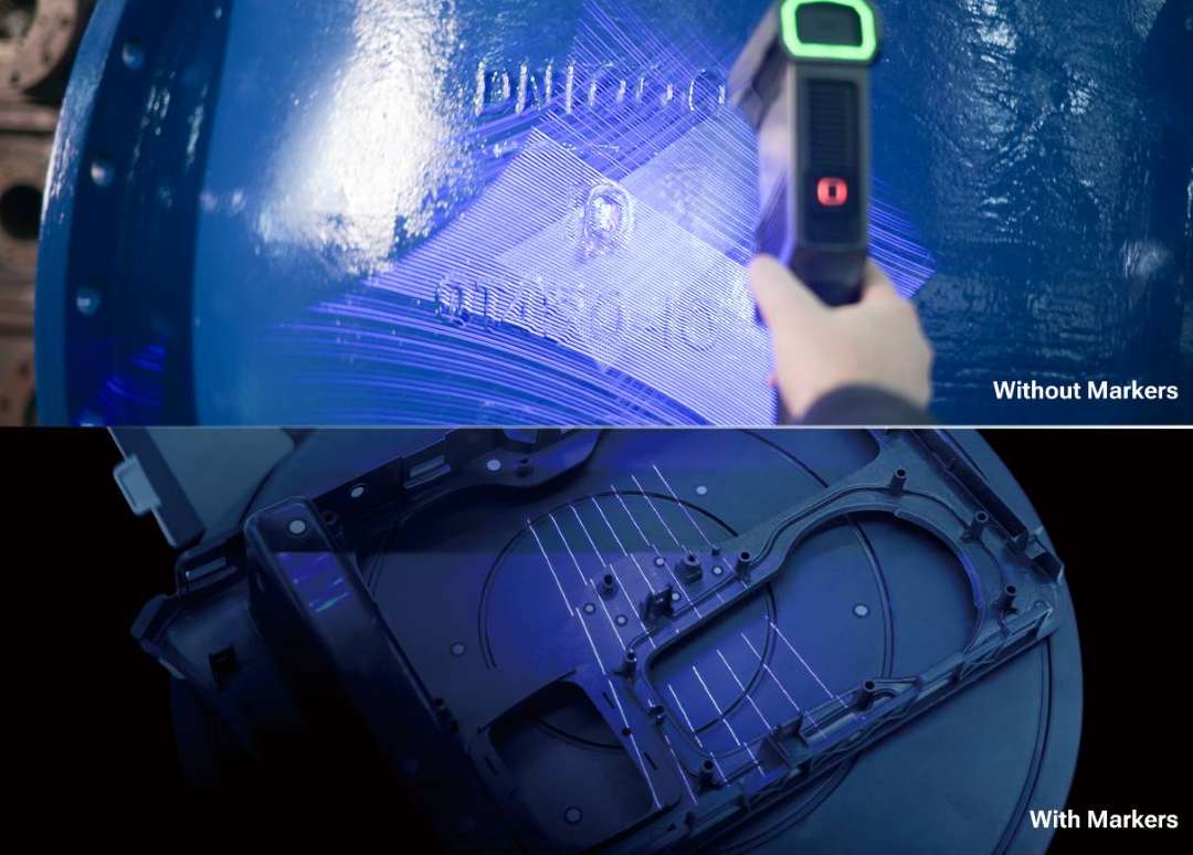 FreeScan Trio capturando datos 3D de alto detalle en una pieza compleja con y sin marcadores