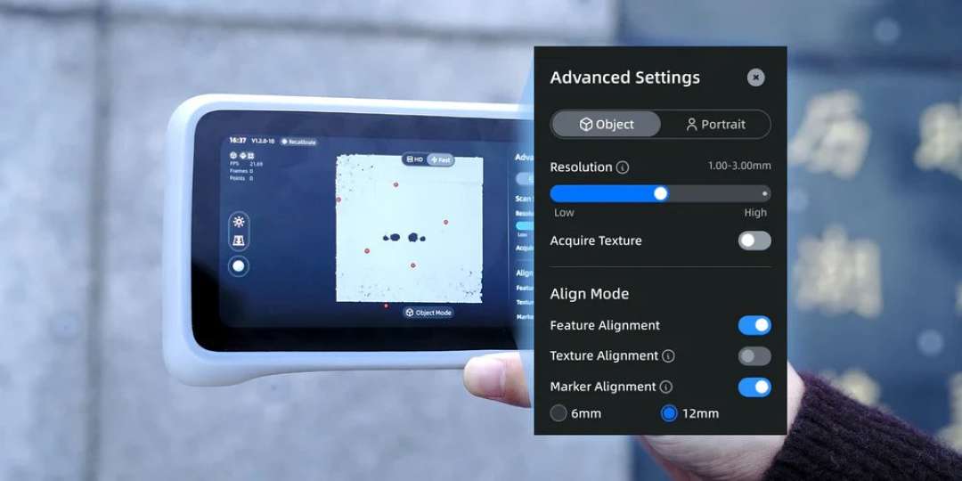 Pantalla de Ajustes avanzados del software del escáner en un dispositivo EinScan portátil con la opción de alineación por marcadores de 12 mm resaltada