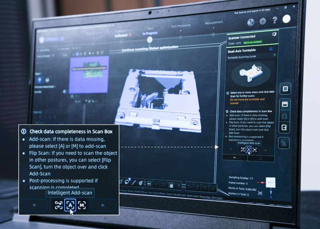 Interfaz del programa de OptimScan Q9 que muestra la guía de escaneo adicional inteligente con recomendaciones de Scan Box para rellenar zonas de datos faltantes