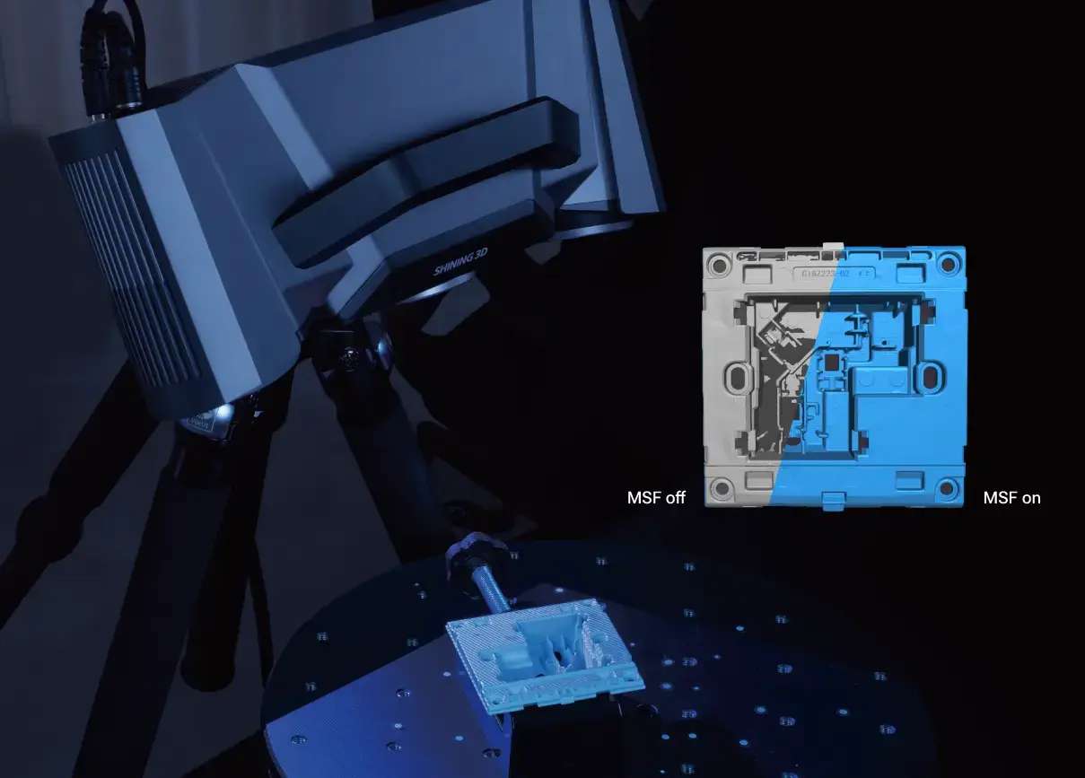 Cabezal del escáner Shining3D OptimScan Q9 capturando una pieza industrial con Monocular-Stereo Fusion para cobertura completa de datos