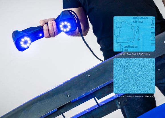 FreeScan UE Pro escaneando una viga industrial; recuadros muestran la malla 3D de un interruptor de aire y una tarjeta prototipo con textura captada en modo de escaneo fino de 7 líneas láser