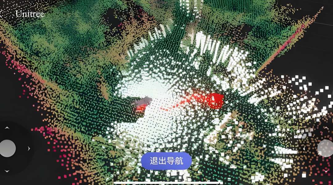Mapa de nube de puntos 3D en tiempo real capturado por el LiDAR del Unitree Go2 Air, con datos de profundidad colorizada de un entorno exterior