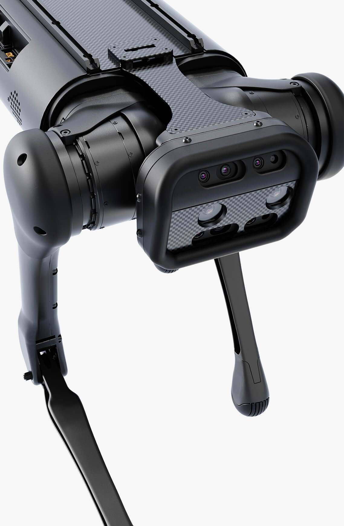 Detalle de la tecnología de control de fuerza en las articulaciones del perro robótico Unitree Aliengo, mostrando sus motores de alto torque.