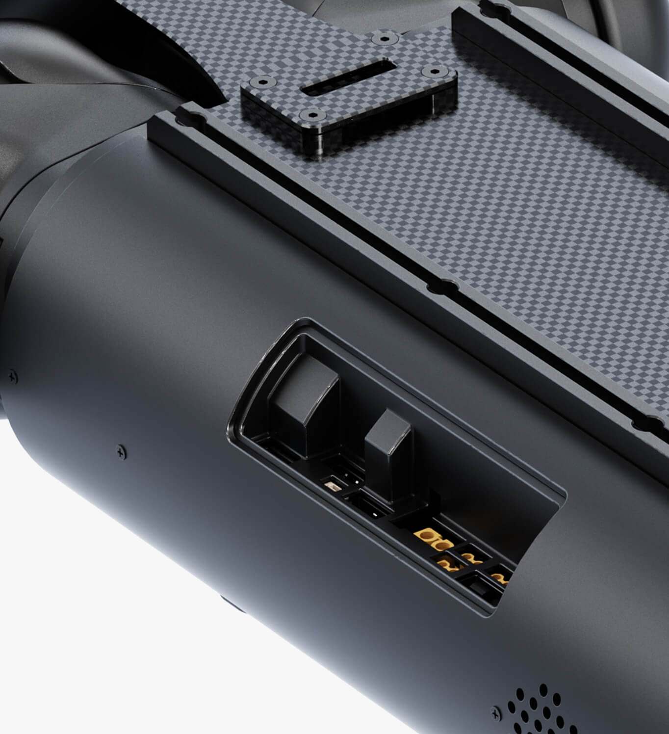 Panel de interfaces externas del Unitree Aliengo, mostrando puertos HDMI, Ethernet y USB para una integración versátil.